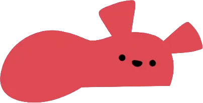 横たわる赤い丸いキャラクターのイラスト。点々の目と小さな鼻で笑った表情