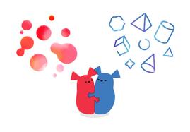 フィーノの赤いスパッタリングと、ガッシュの青い幾何図形シェイプのエフェクトイメージ