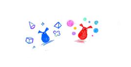 クレヨン風のタッチで描かれた赤と青の丸いキャラクター。周囲に三角錐や立方体、カラフルな円が散らばる手描きイラスト