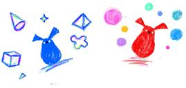 クレヨン風のタッチで描かれた赤と青の丸いキャラクター。周囲に三角錐や立方体、カラフルな円が散らばる手描きイラスト