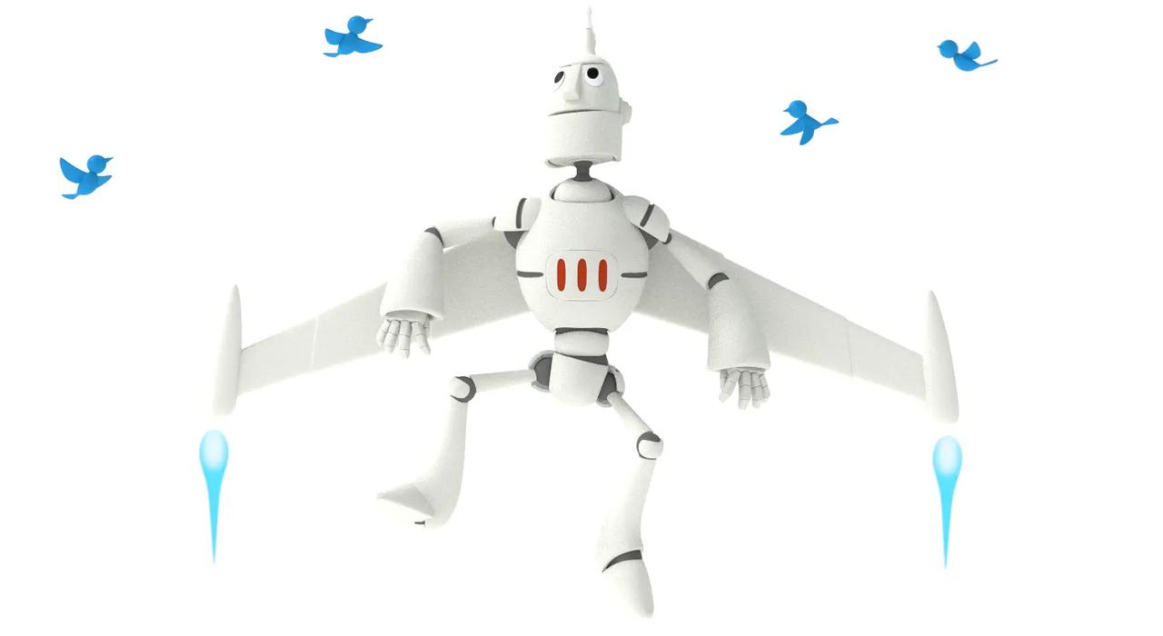 白い3DCGロボットキャラクターが翼を広げて空中に浮かび、周囲を青い鳥のシルエットが飛び回っている