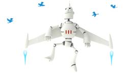 白い3DCGロボットキャラクターが翼を広げて空中に浮かび、周囲を青い鳥のシルエットが飛び回っている