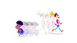 ピンク色のヘアバンドをつけた女性キャラクターと茶色の男性キャラクターが、残像を引きながら走る2Dアニメーションの一コマ