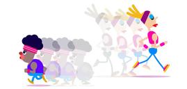 ピンク色のヘアバンドをつけた女性キャラクターと茶色の男性キャラクターが、残像を引きながら走る2Dアニメーションの一コマ