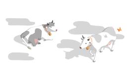 セルルック風のタッチで描かれた2頭の白黒の乳牛。首に鈴をつけ、駆け足で進み、周囲を橙色の蝶が舞っている