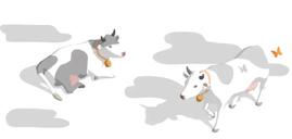 セルルック風のタッチで描かれた2頭の白黒の乳牛。首に鈴をつけ、駆け足で進み、周囲を橙色の蝶が舞っている