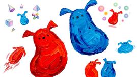 油絵タッチで厚塗りされた赤と青の丸いキャラクターたち。ナイフで塗りつけたような筆致で、背景は白く、立方体や三角錐などの立体と小さなキャラクターが散らばっている