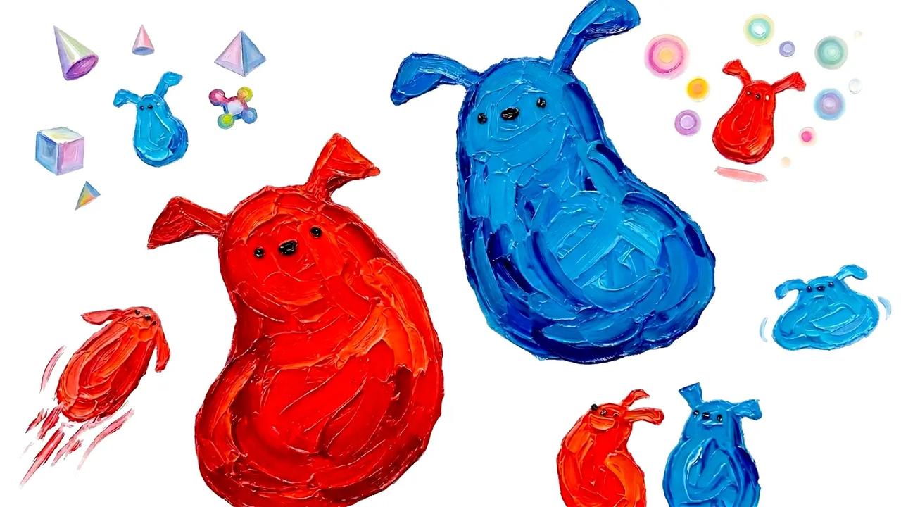 油絵タッチで厚塗りされた赤と青の丸いキャラクターたち。ナイフで塗りつけたような筆致で、背景は白く、立方体や三角錐などの立体と小さなキャラクターが散らばっている