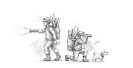 鉛筆デッサン風に描かれた、ヘルメットを被った2人の探検家と小型犬。1人は懐中電灯、もう1人はしゃがんで双眼鏡を覗き込み、背中に鉛筆や定規を詰めた筒を背負っている