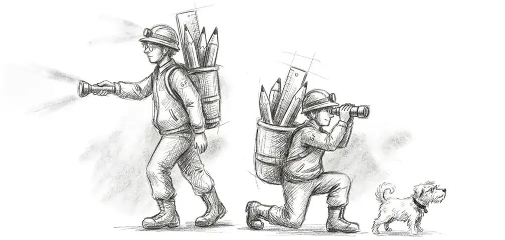 鉛筆デッサン風に描かれた、ヘルメットを被った2人の探検家と小型犬。1人は懐中電灯、もう1人はしゃがんで双眼鏡を覗き込み、背中に鉛筆や定規を詰めた筒を背負っている