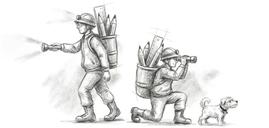 鉛筆デッサン風に描かれた、ヘルメットを被った2人の探検家と小型犬。1人は懐中電灯、もう1人はしゃがんで双眼鏡を覗き込み、背中に鉛筆や定規を詰めた筒を背負っている