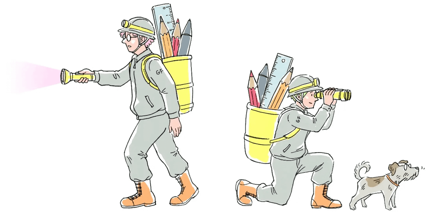 「GF」ロゴ入りの作業着を着た2人の探検家キャラクターと小型犬の線画イラスト。左の人物は懐中電灯を手に歩き、右の人物は双眼鏡を覗きながらひざまずく。それぞれの背中に鉛筆・マーカー・定規を詰めた黄色いバケツを背負っている
